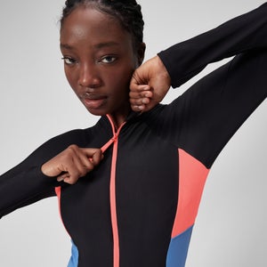 Women's Long Sleeve Colorblock Zip One Piece Black