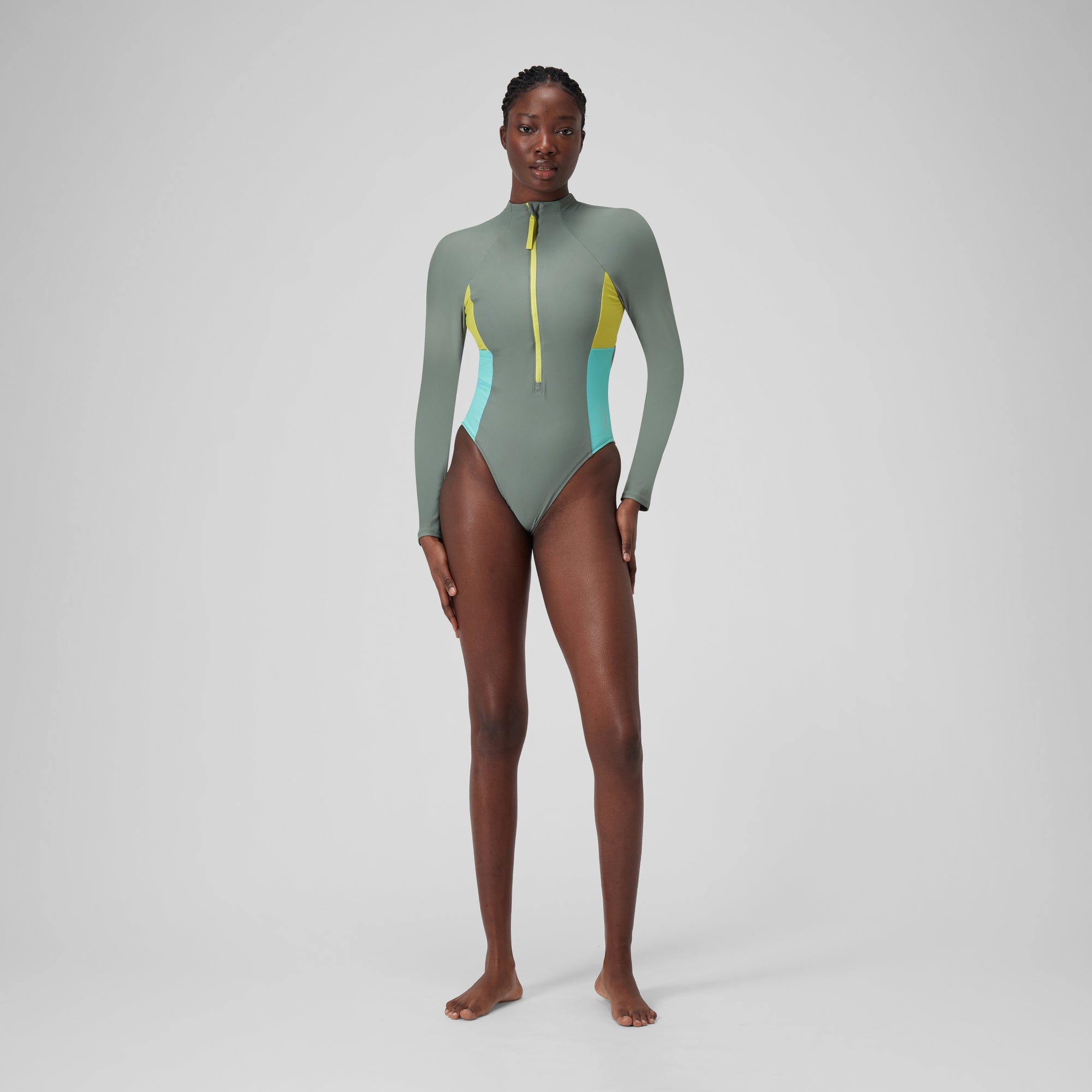 Women's Long Sleeve Colorblock Zip One Piece Green | Speedo USA