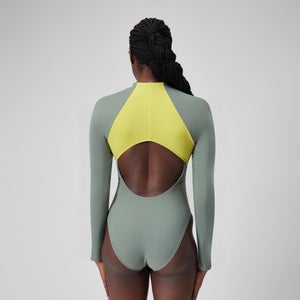Women's Long Sleeve Zip Colourblock Swimsuit Green