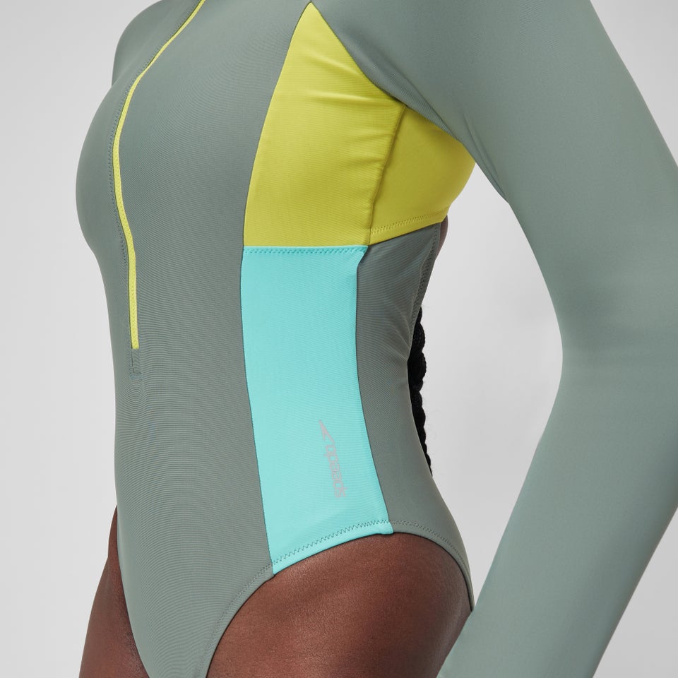 Women's Long Sleeve Zip Colourblock Swimsuit Green