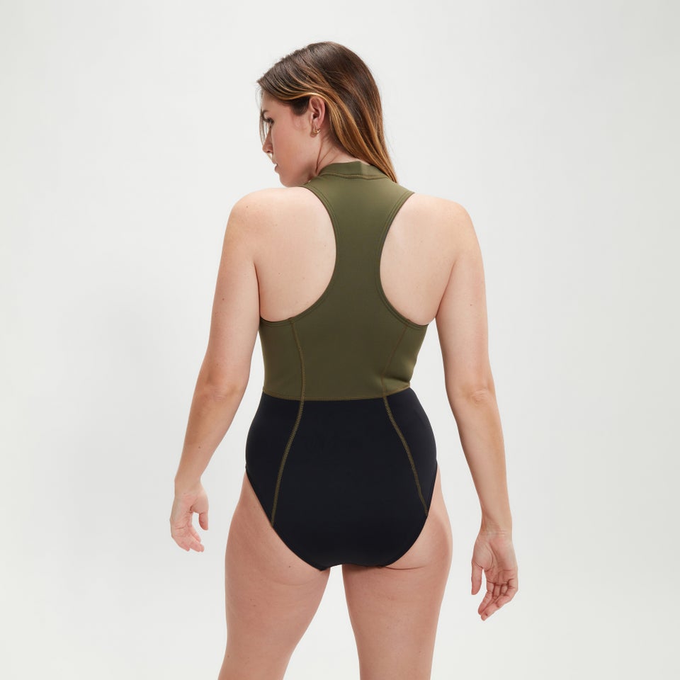 Ärmelloser Thermal-Badeanzug für Damen Schwarz/Grün