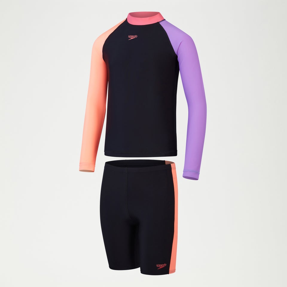 Ensemble Fille haut Rash et jammer Colorblock noir/corail