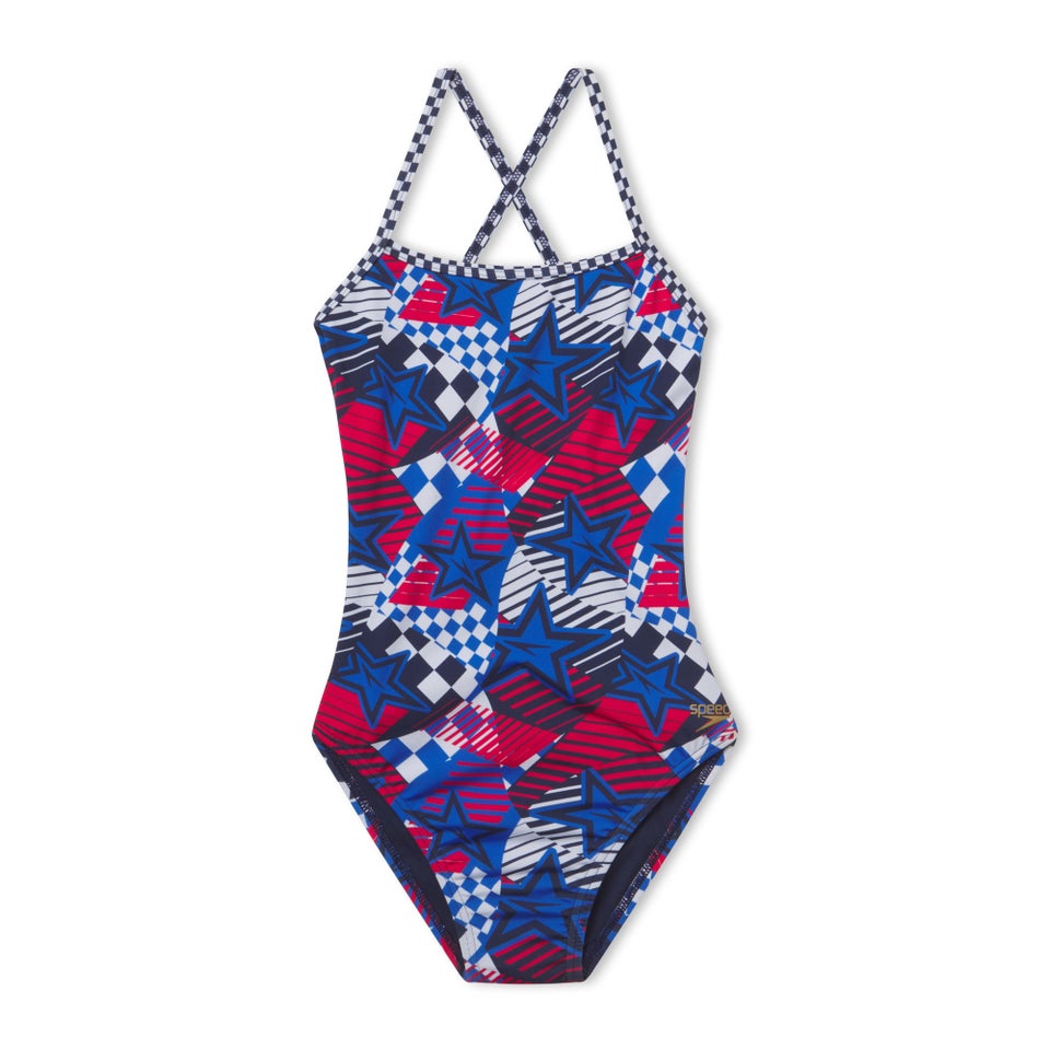 Girl's Printed Double X Back One Piece Blue
