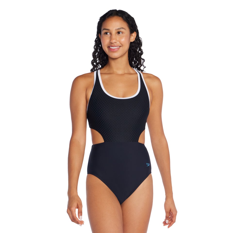 Women's Jacquard Splice with Side Cut Out One Piece Black