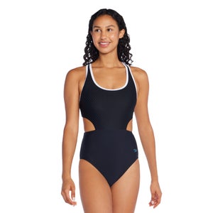 Women's Jacquard Splice with Side Cut Out One Piece Black