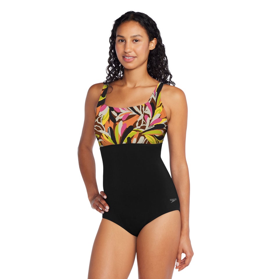 Women's Print Blocked Square Neck One Piece Black