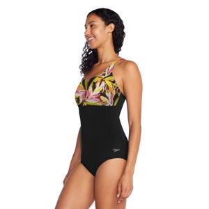 Women's Print Blocked Square Neck One Piece Black