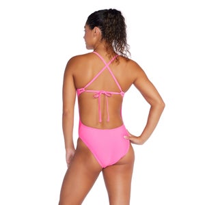Women's Solid Tie Back One Piece Pink