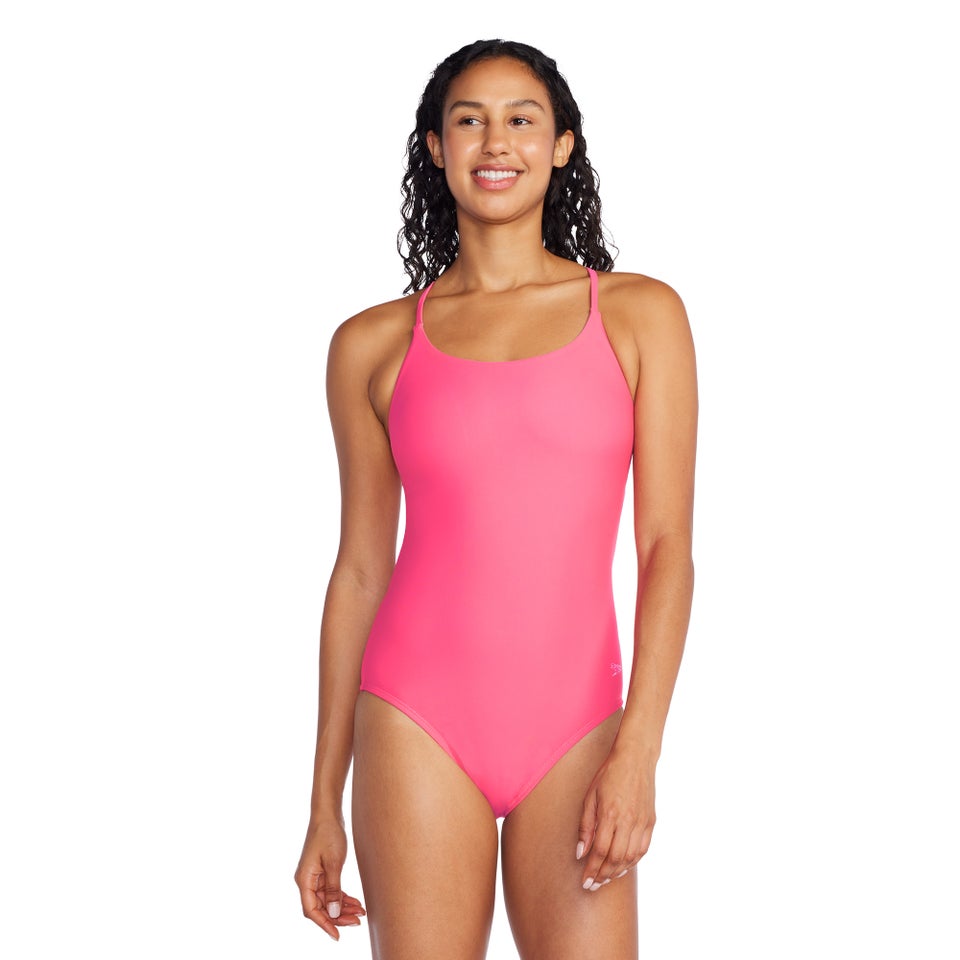 Women's Solid Double Cross Back One Piece Pink