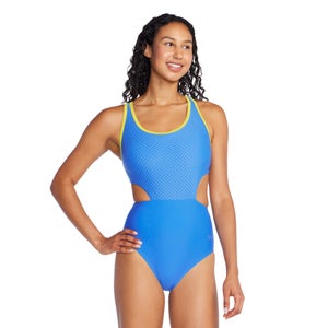 Women's Jacquard Splice with Side Cut Out One Piece Blue - 10