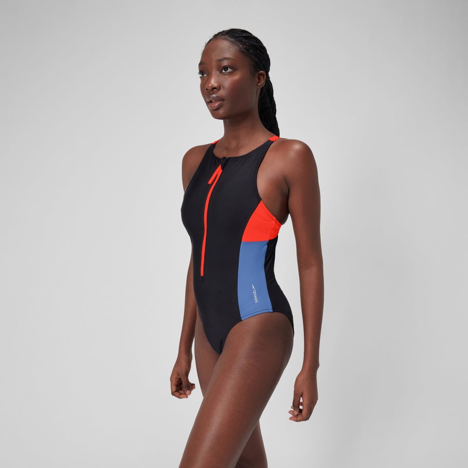 Monopièce à fermeture éclair pour femmes, noir/rouge