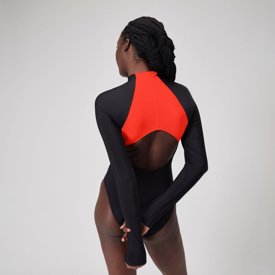 Women's Colourblock Long Sleeve Zip Swimsuit Black/Red