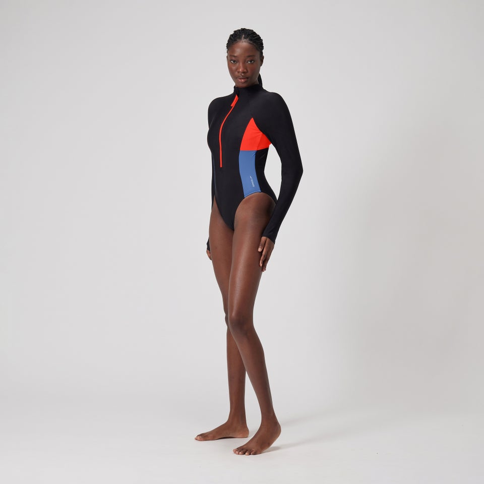 Women's Colourblock Long Sleeve Zip Swimsuit Black/Red