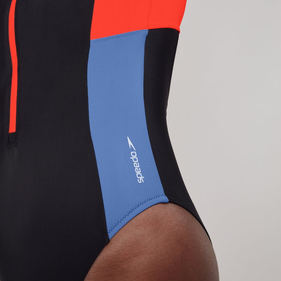 Women's Colourblock Long Sleeve Zip Swimsuit Black/Red