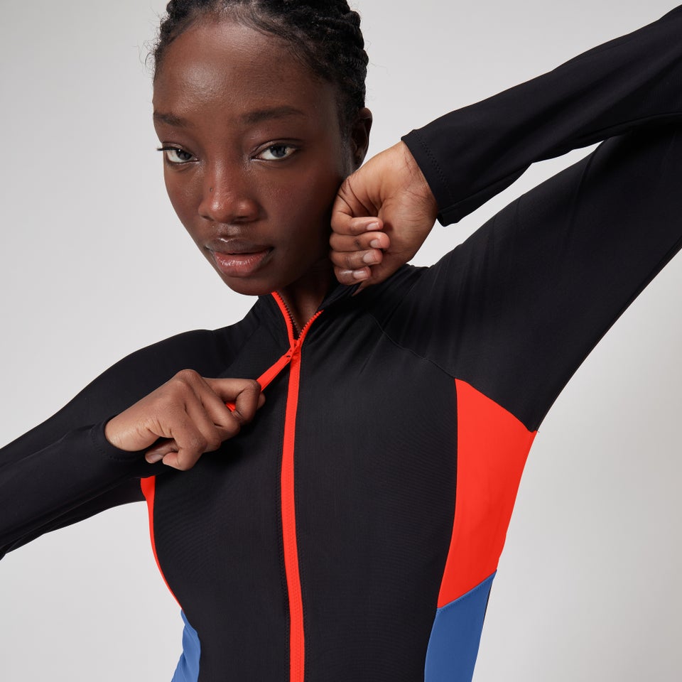 Women's Colourblock Long Sleeve Zip Swimsuit Black/Red