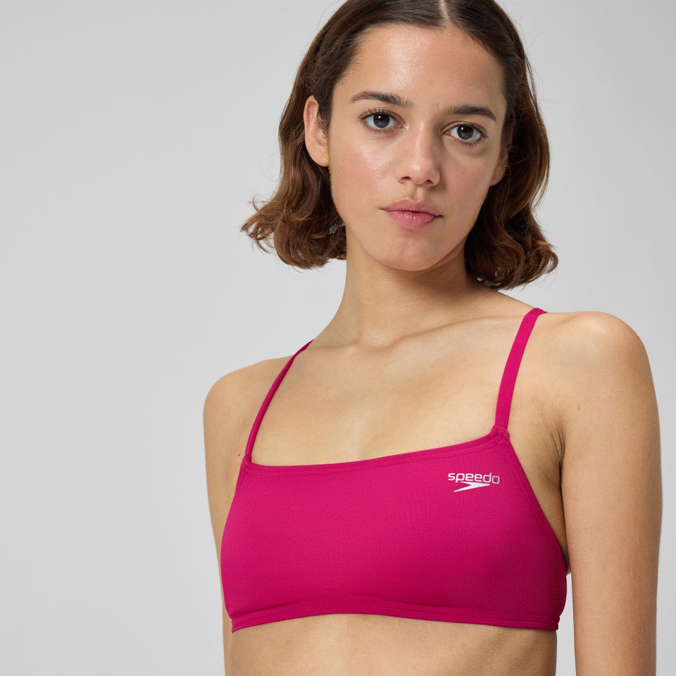 Haut de bikini à bretelles couleur unie et dos fixe pour femmes, rose