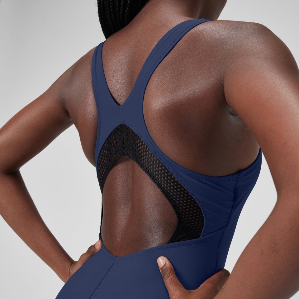 Maillot de bain 1 pièce uni avec maille filet Scoop pour Femmes Bleu céruléen