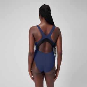 Maillot de bain 1 pièce uni avec maille filet Scoop pour Femmes Bleu céruléen
