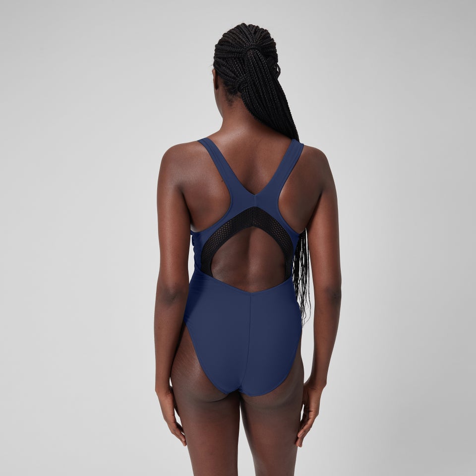 Maillot de bain 1 pièce uni avec maille filet Scoop pour Femmes Bleu céruléen