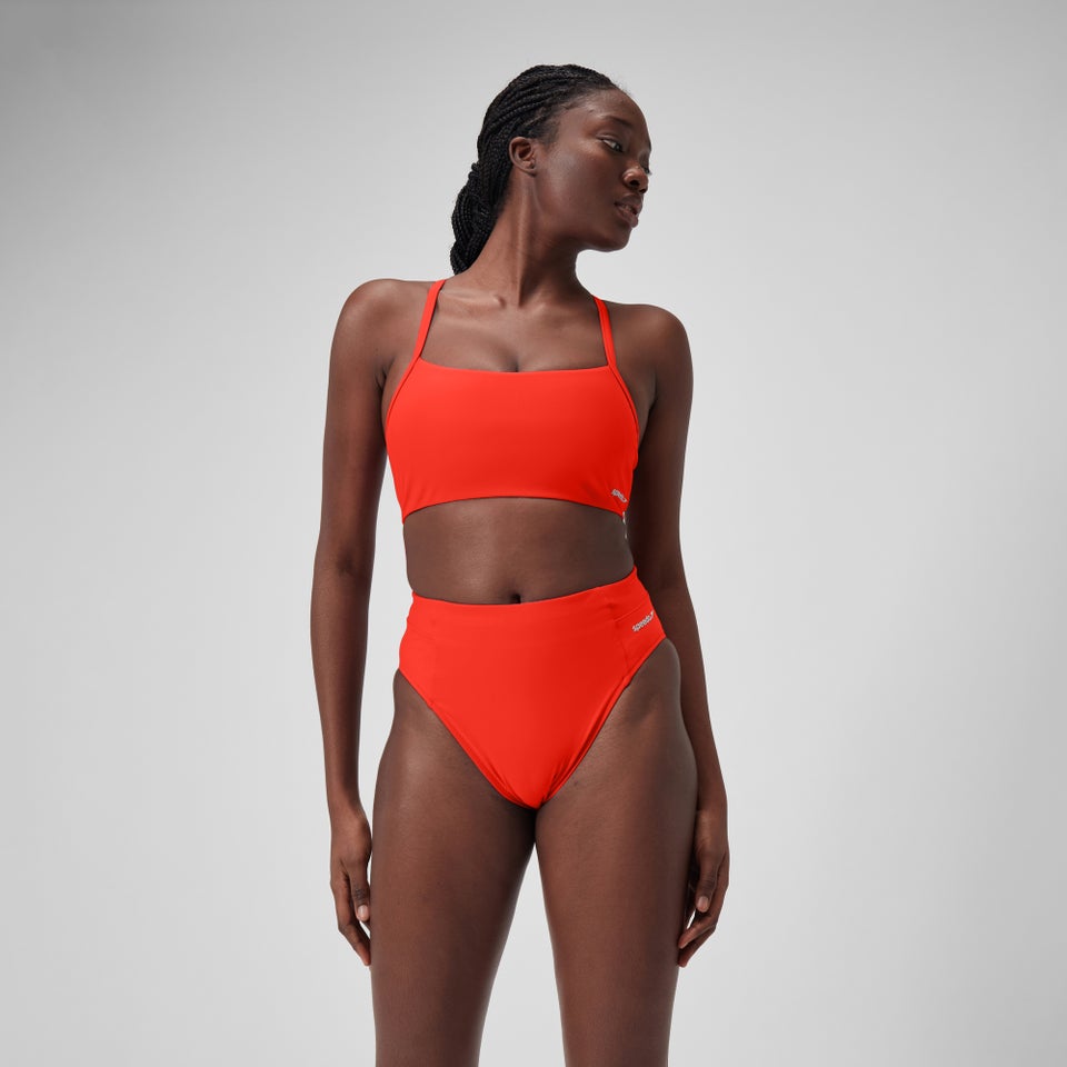 Damen Einfarbige Bikinihose mit hohem Bund Rot