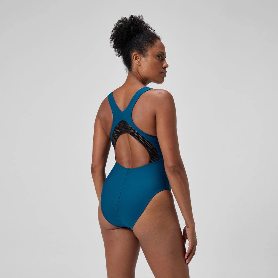 Women's Solid Scoop Neck Mesh One Piece Blue
