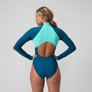 Women's Long Sleeve Zip Colorblock One Piece Blue/Gray