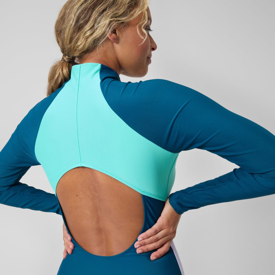 Women's Long Sleeve Zip Colorblock One Piece Blue/Gray