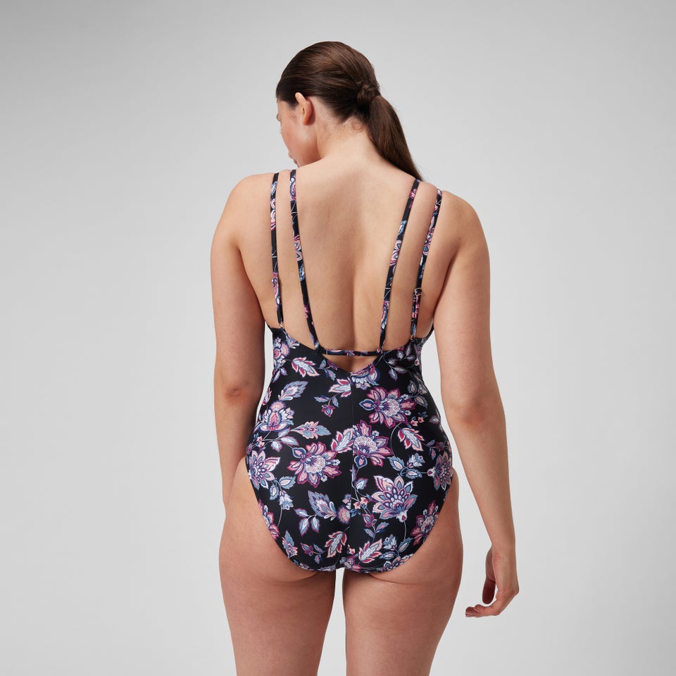 Damen Shaping-Badeanzug mit bedruckten Trägern Schwarz/Lila