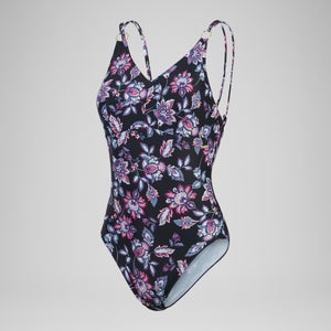 Maillot de bain 1 pièce galbant à bretelles et imprimé pour Femmes Noir/Violet