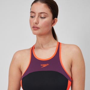 Maillot de bain à col montant et dos croisé Splice pour Femmes Noir/Prune dandy/Rouge sirène