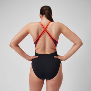 Maillot de bain à col montant et dos croisé Splice pour Femmes Noir/Prune dandy/Rouge sirène