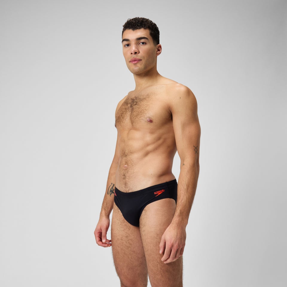 Herren Tech Badehose mit Einsatz, 7 cm Schwarz/Rot