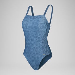 Damen Badeanzug mit eckigem Ausschnitt und Print Marineblau/Blau