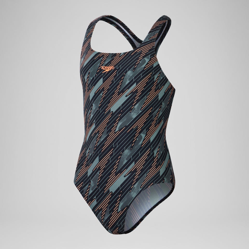 Maillot de bain Fille Allover HyperBoom pour Filles Noir/Vert campagne/Nectarine