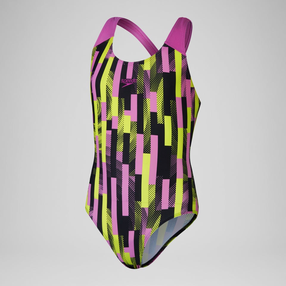 Mädchen Splashback Badeanzug mit digitalem Allover-Print Schwarz/Pink