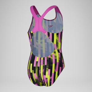 Mädchen Splashback Badeanzug mit digitalem Allover-Print Schwarz/Pink