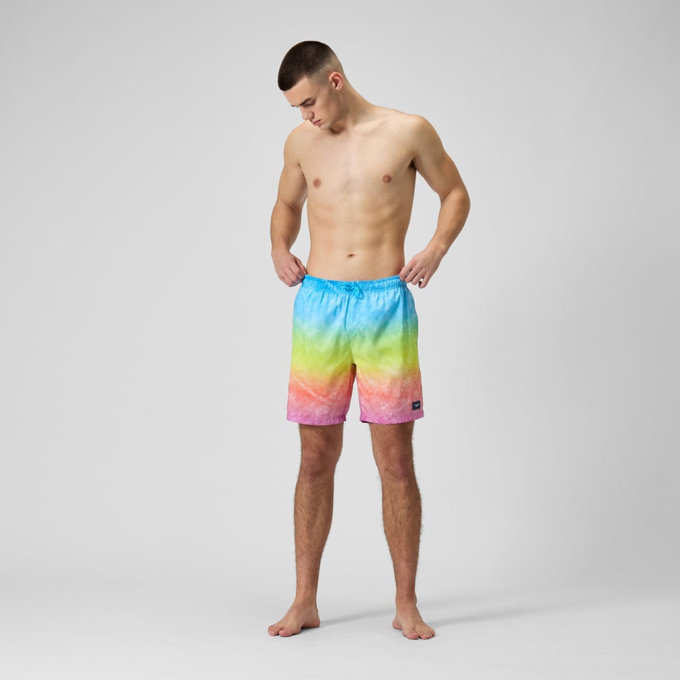 Herren Freizeit-Badeshorts mit Digital-Print, 18 Zoll Blau/Gelb