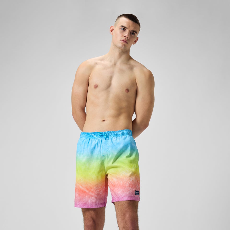 Herren Freizeit-Badeshorts mit Digital-Print, 18 Zoll Blau/Gelb