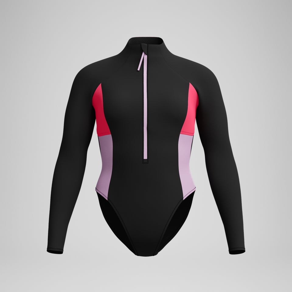 Women's Colorblock Long Sleeve Zip Swimsuit Black/Red