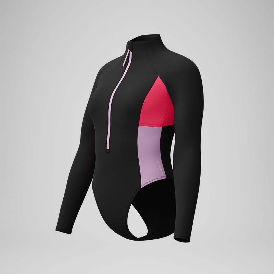 Women's Colorblock Long Sleeve Zip Swimsuit Black/Red