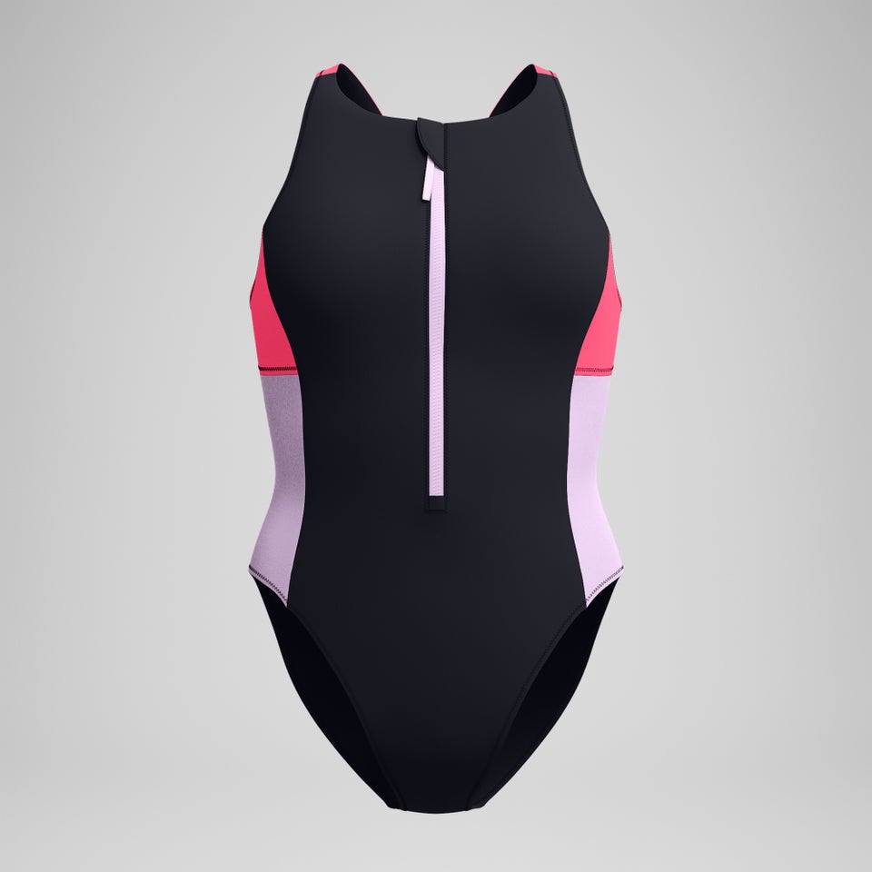 Badeanzug in Colourblock-Optik mit Reißverschluss Schwarz/Rot für Damen