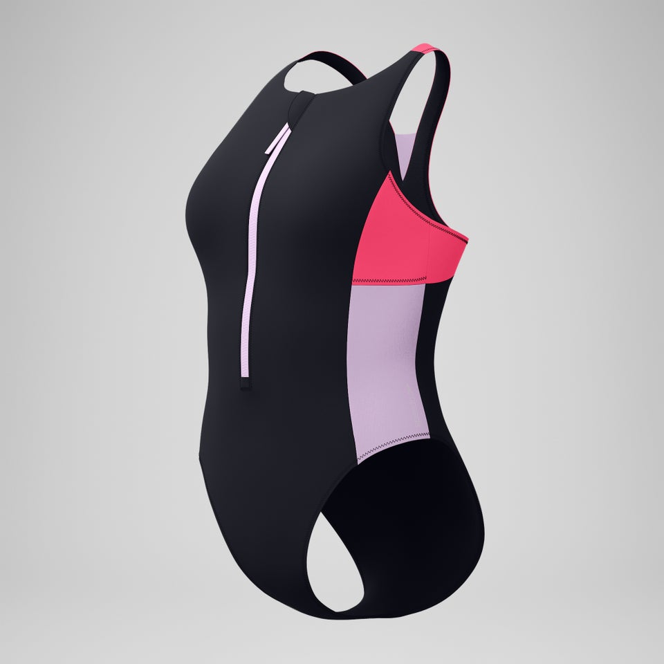 Badeanzug in Colourblock-Optik mit Reißverschluss Schwarz/Rot für Damen