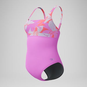 Women's Print Blocked Square Neck One Piece Pink/Orange