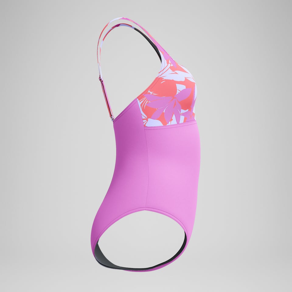 Women's Print Blocked Square Neck One Piece Pink/Orange