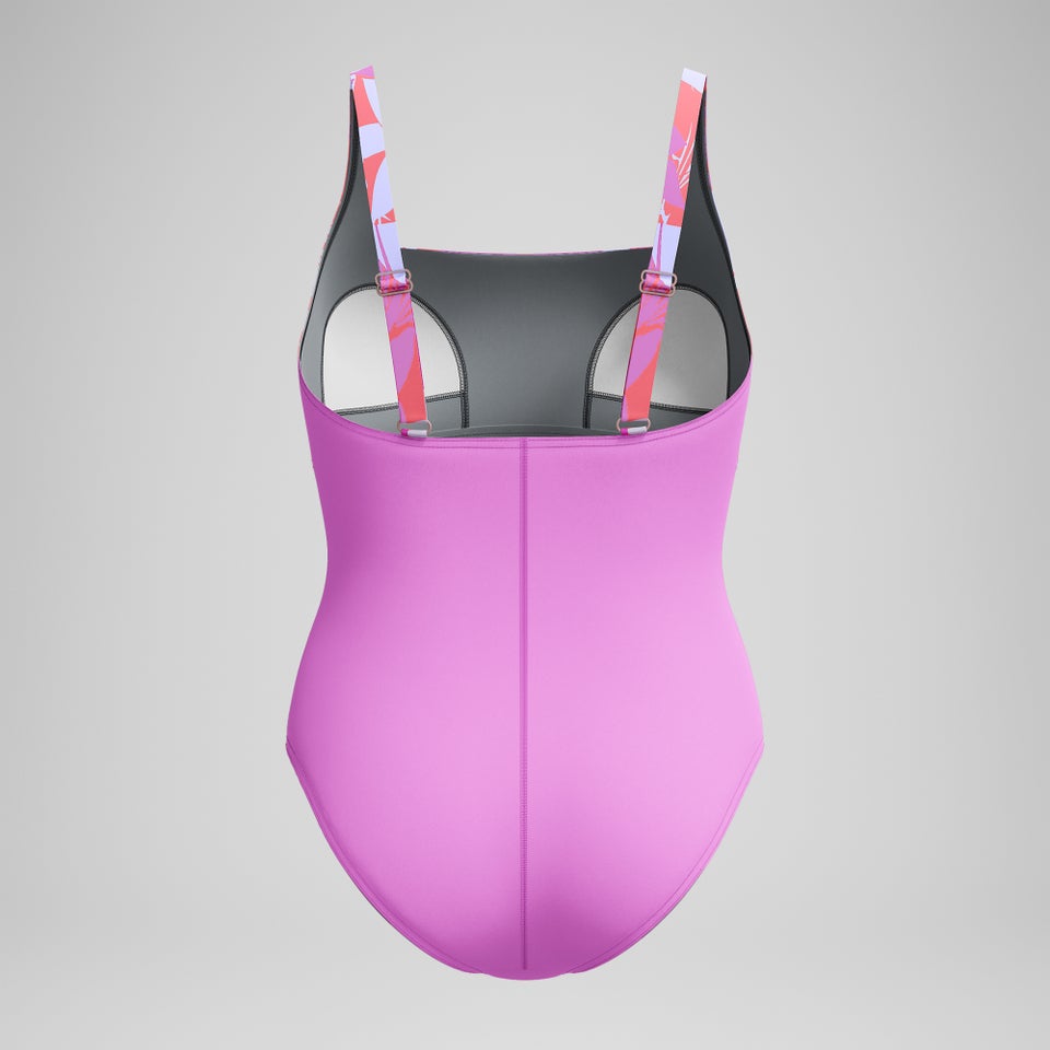 Women's Print Blocked Square Neck One Piece Pink/Orange