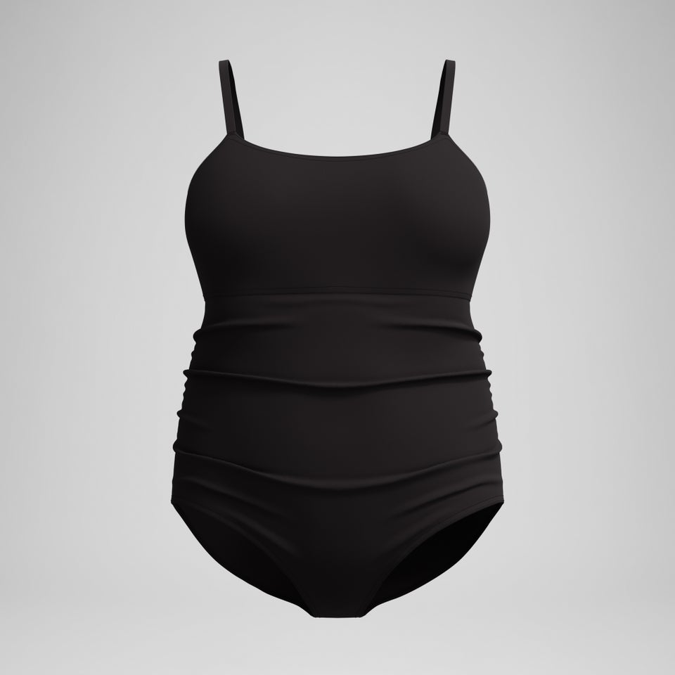 Women's New Plus Solid Shirred Tank One Piece Black