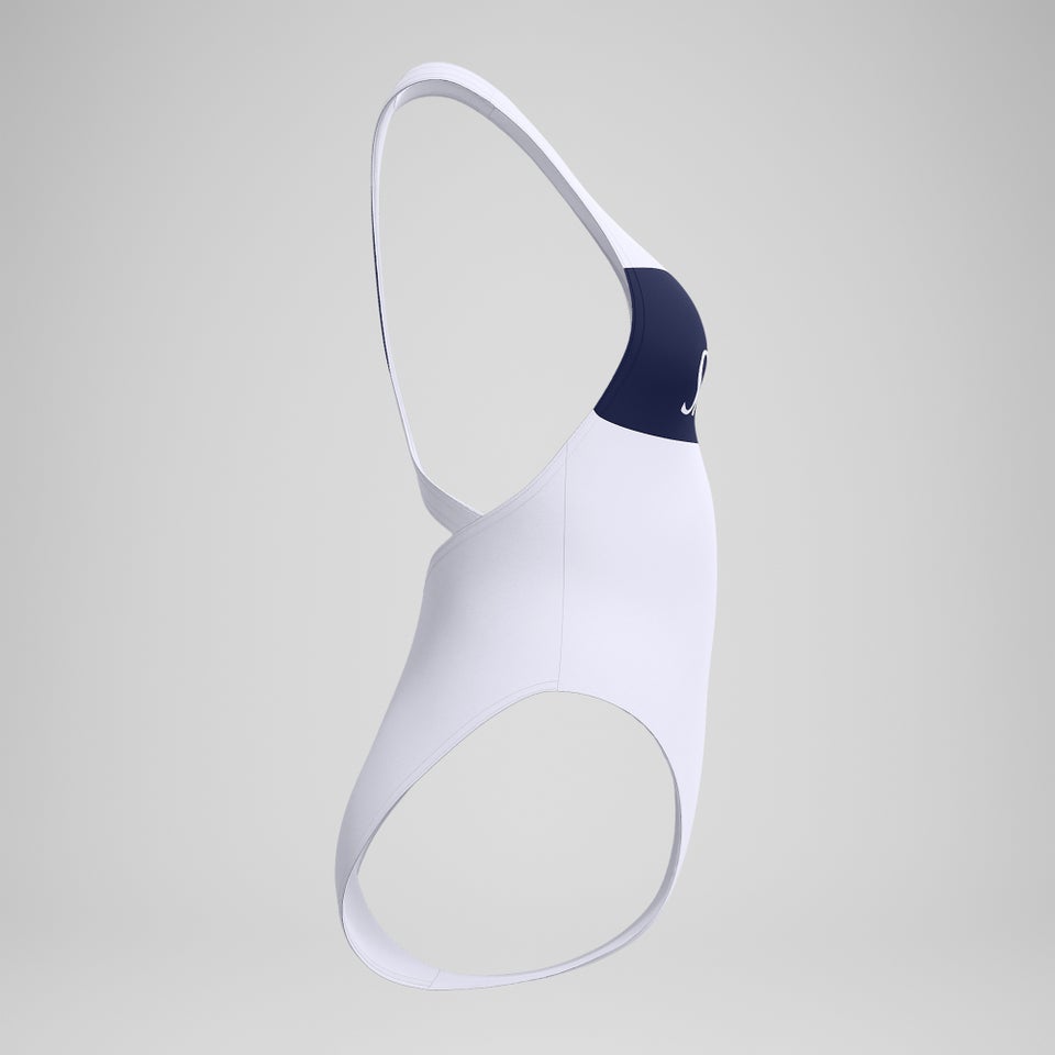 Jetstream Racerback-Badeanzug mit Colourblock-Logo Weiß/Marineblau für Damen