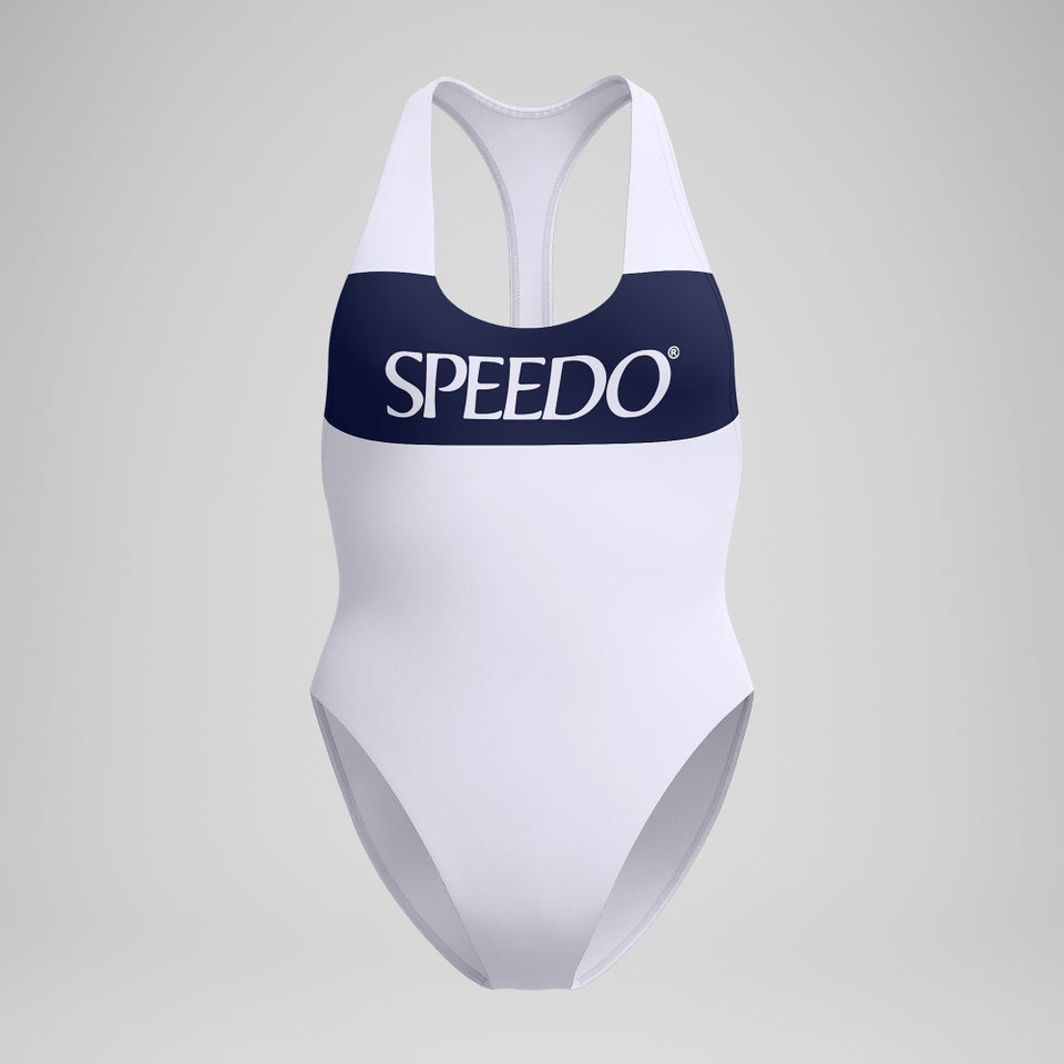 Jetstream Racerback-Badeanzug mit Colourblock-Logo Weiß/Marineblau für Damen