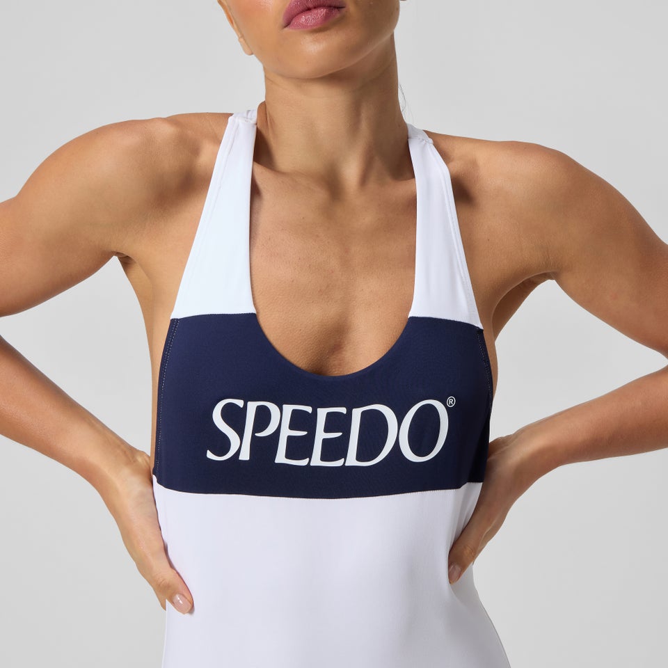 Jetstream Racerback-Badeanzug mit Colourblock-Logo Weiß/Marineblau für Damen