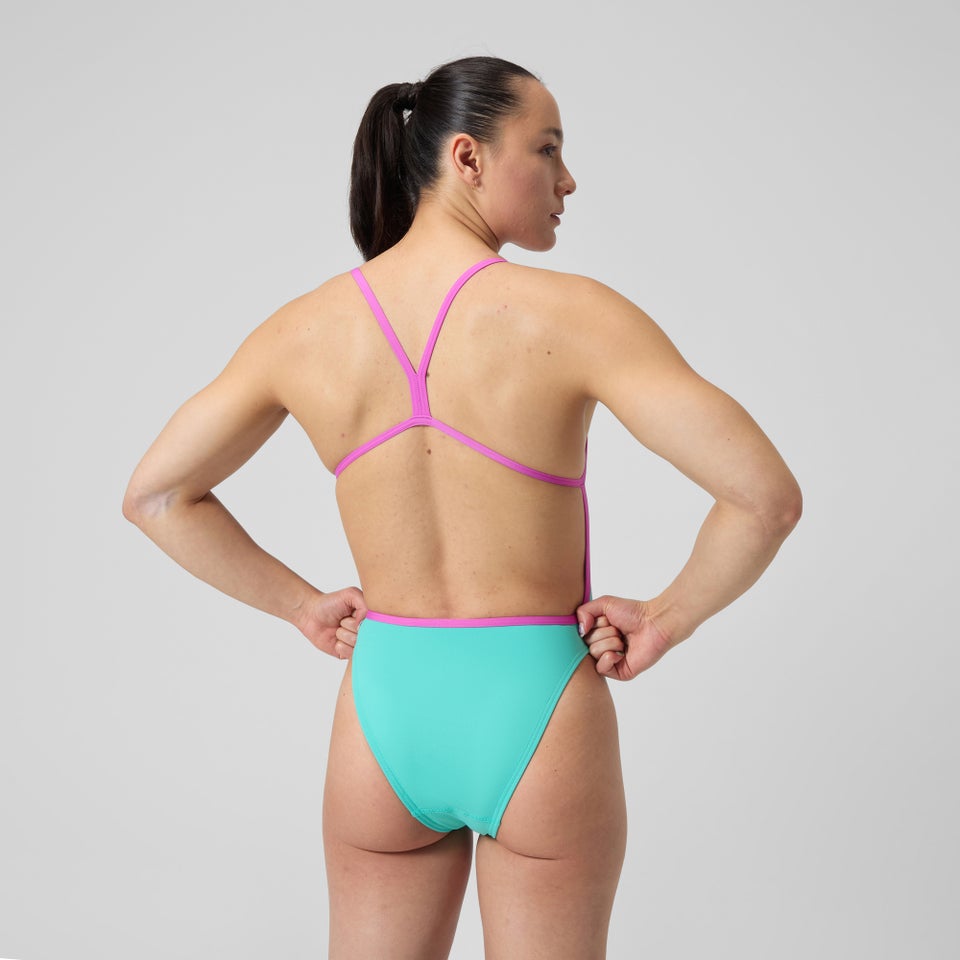 Club Training Einfarbiger Badeanzug mit V-Rückenausschnitt Türkis/Pink für Damen